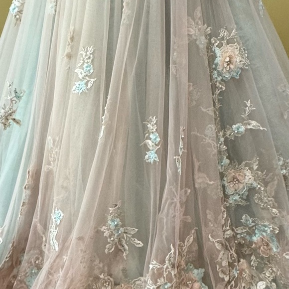 Sherri Hill- Size 10 Aqua Peach floral-appliqued/off-the-shoulder straps. - Picture 4 of 8